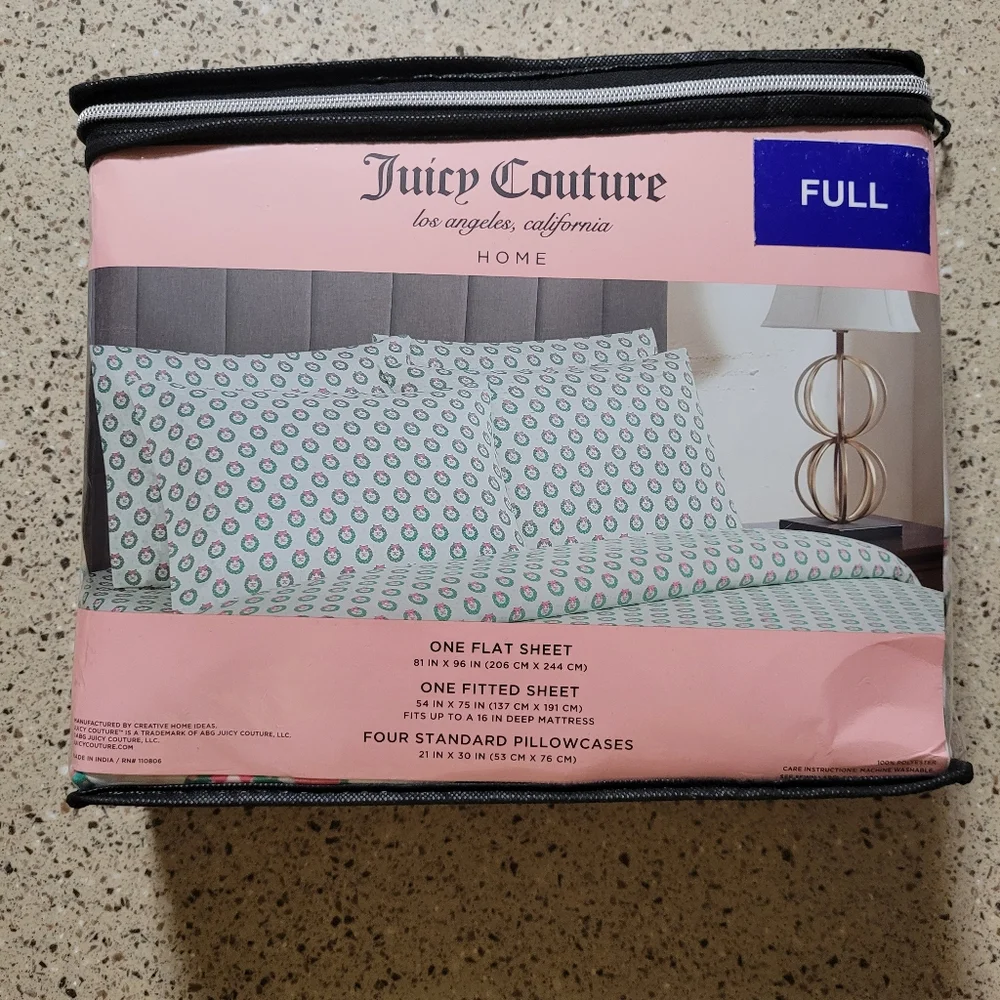 Juicy Couture FULL Sheet Set White JC Monogram Wreath Print Holiday Winter Y2K